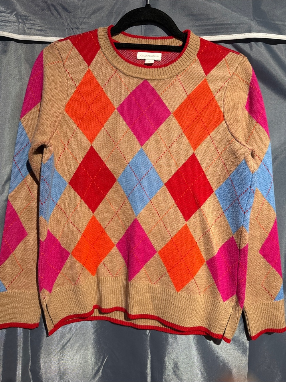 Charter Club Beige Argyle Crewneck Sweater with Pink & Orange Diamonds